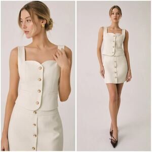 Commense Pearl Button Skirt Set Mini Skirt Sleeveless Top Vest, Cream